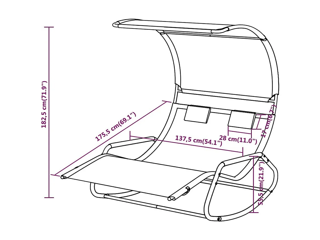 Chaise longue double à bascule avec auvent Noir et crème