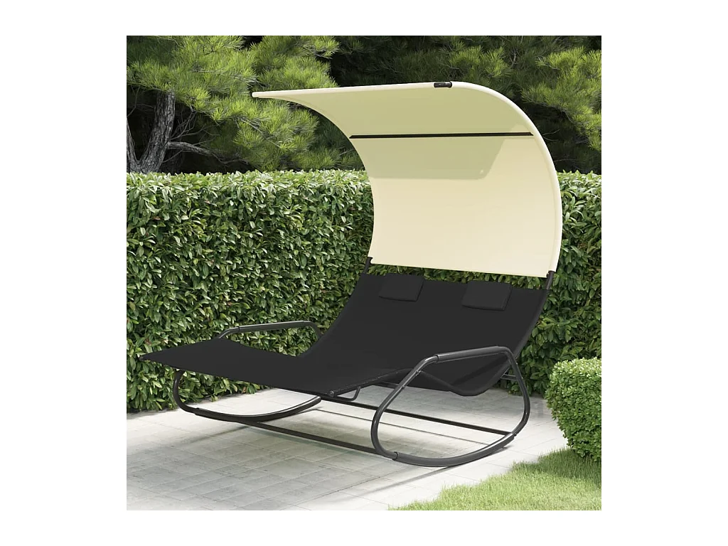 Chaise longue double à bascule avec auvent Noir et crème