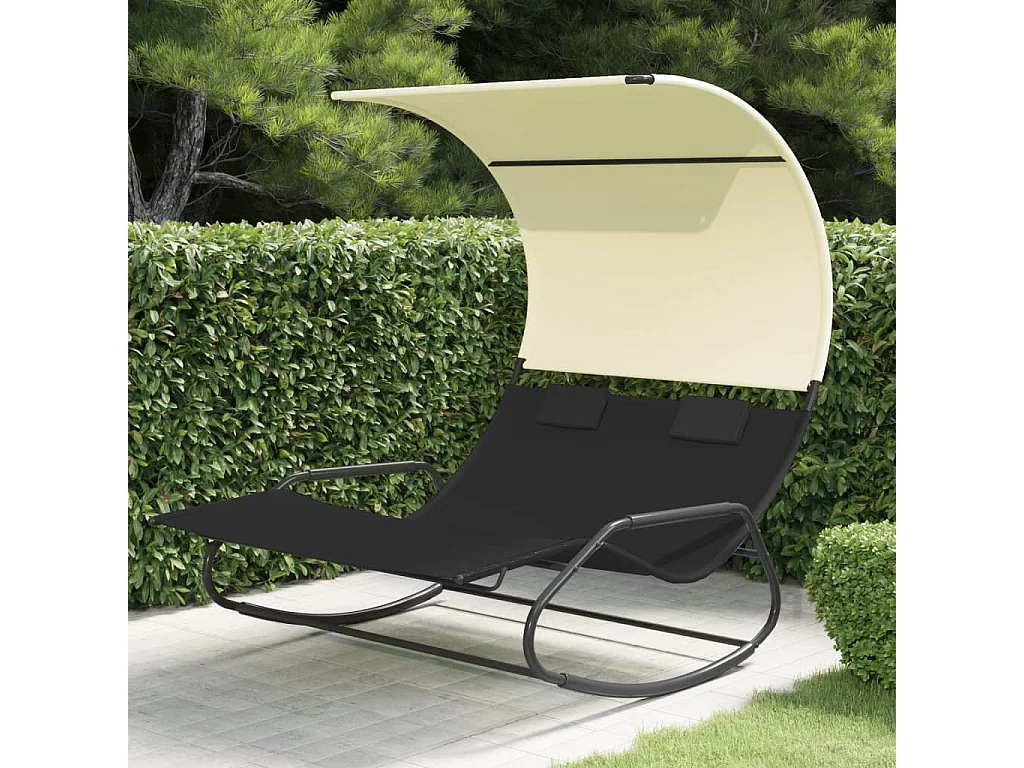 Chaise longue double à bascule avec auvent Noir et crème