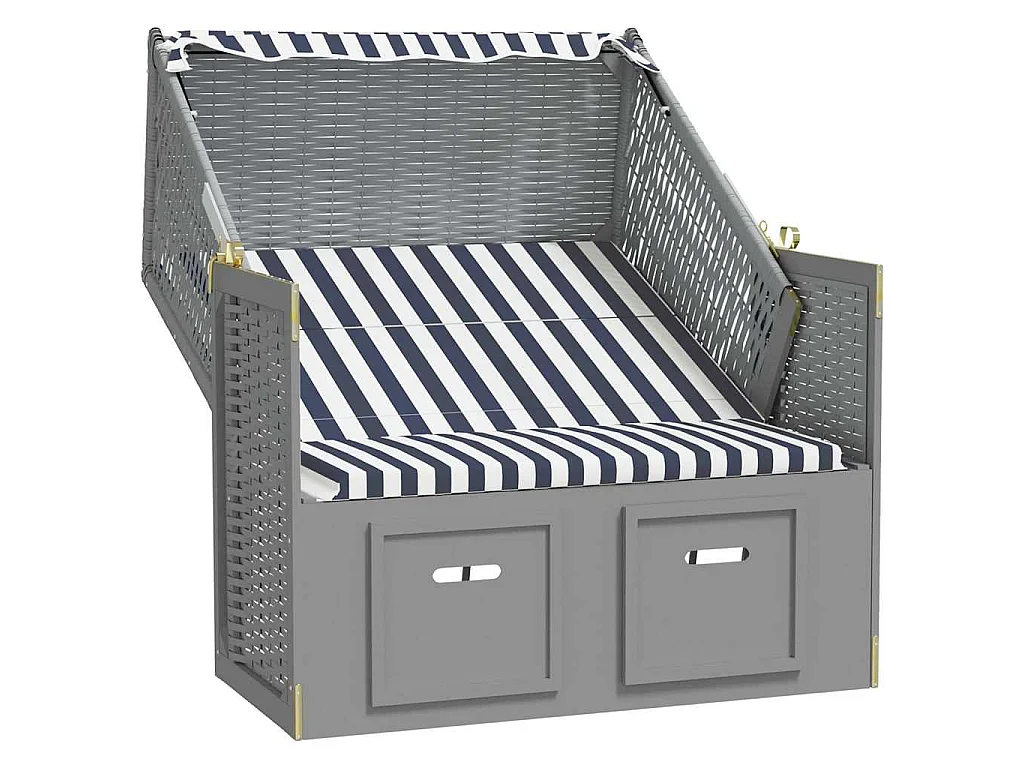 Strandkorb mit Dach Poly Rattan und Massivholz Blau & Weiß