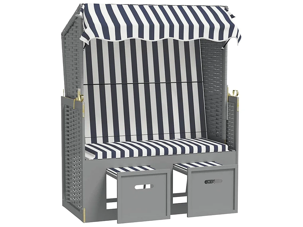 Strandkorb mit Dach Poly Rattan und Massivholz Blau & Weiß
