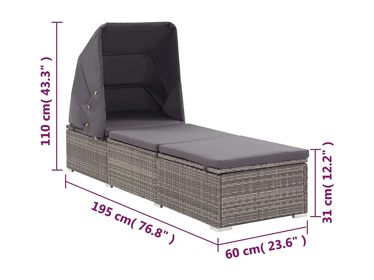 Chaise longue avec auvent et coussin Résine tressée Gris