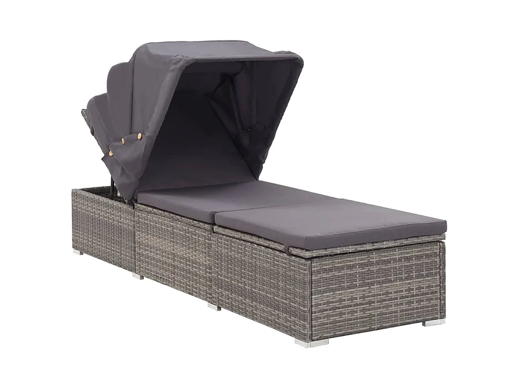 Ligbed met luifel en kussen poly rattan grijs