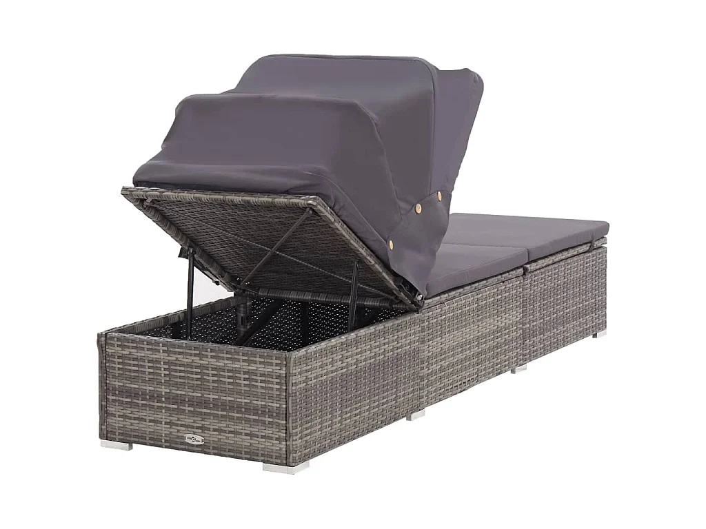 Ligbed met luifel en kussen poly rattan grijs