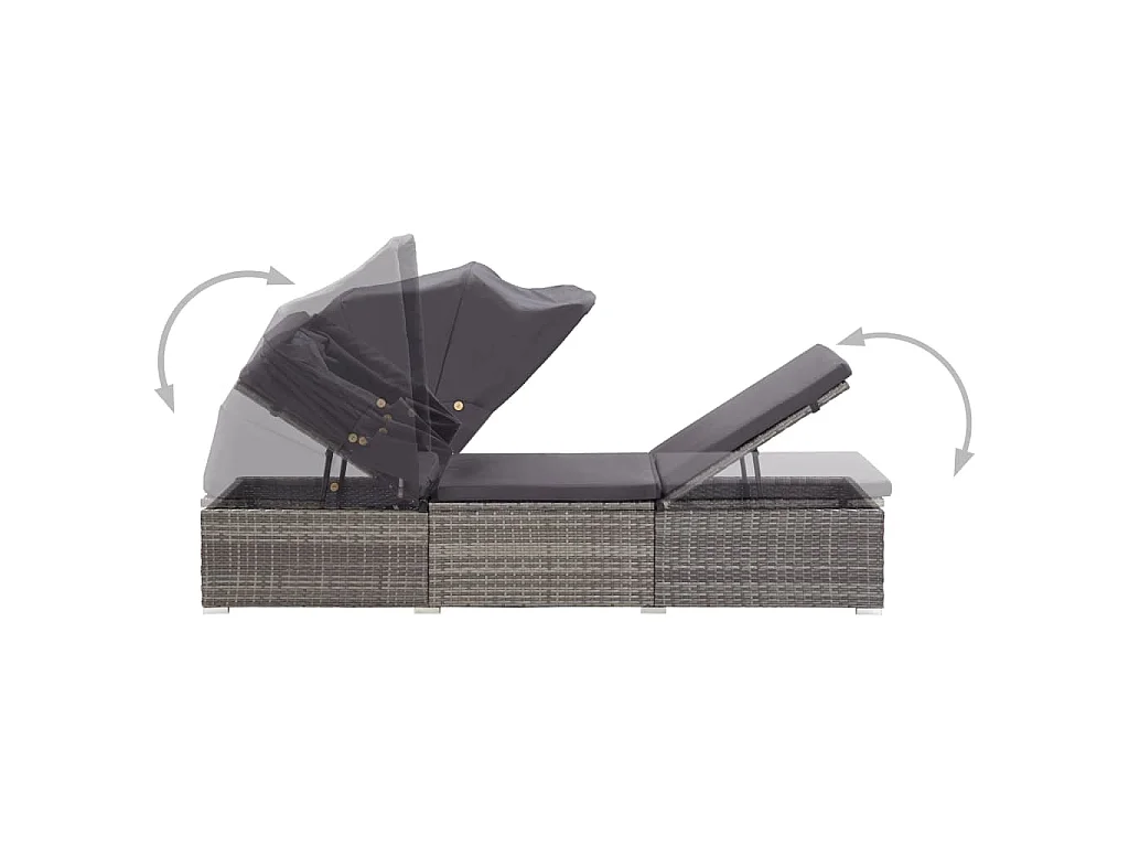 Ligbed met luifel en kussen poly rattan grijs