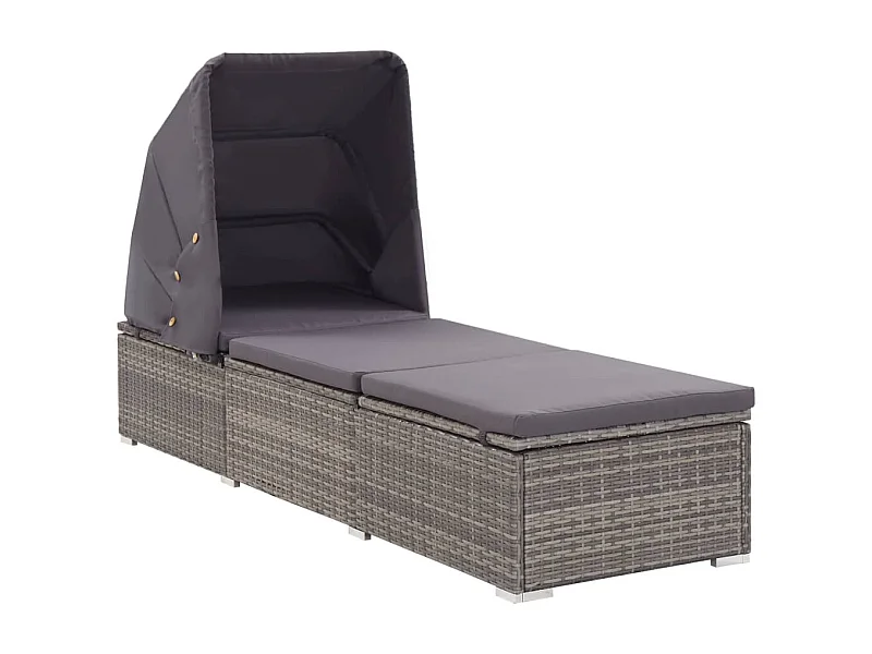 Chaise longue avec auvent et coussin Résine tressée Gris