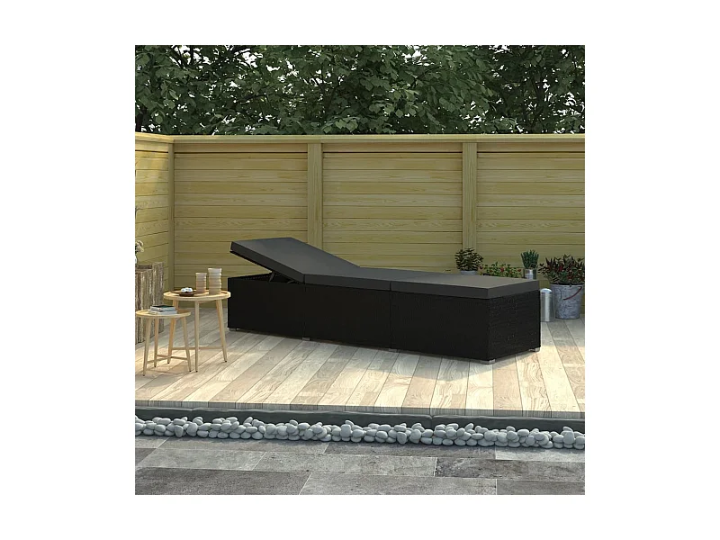 Lettino Prendisole con Cuscino in Polyrattan Nero