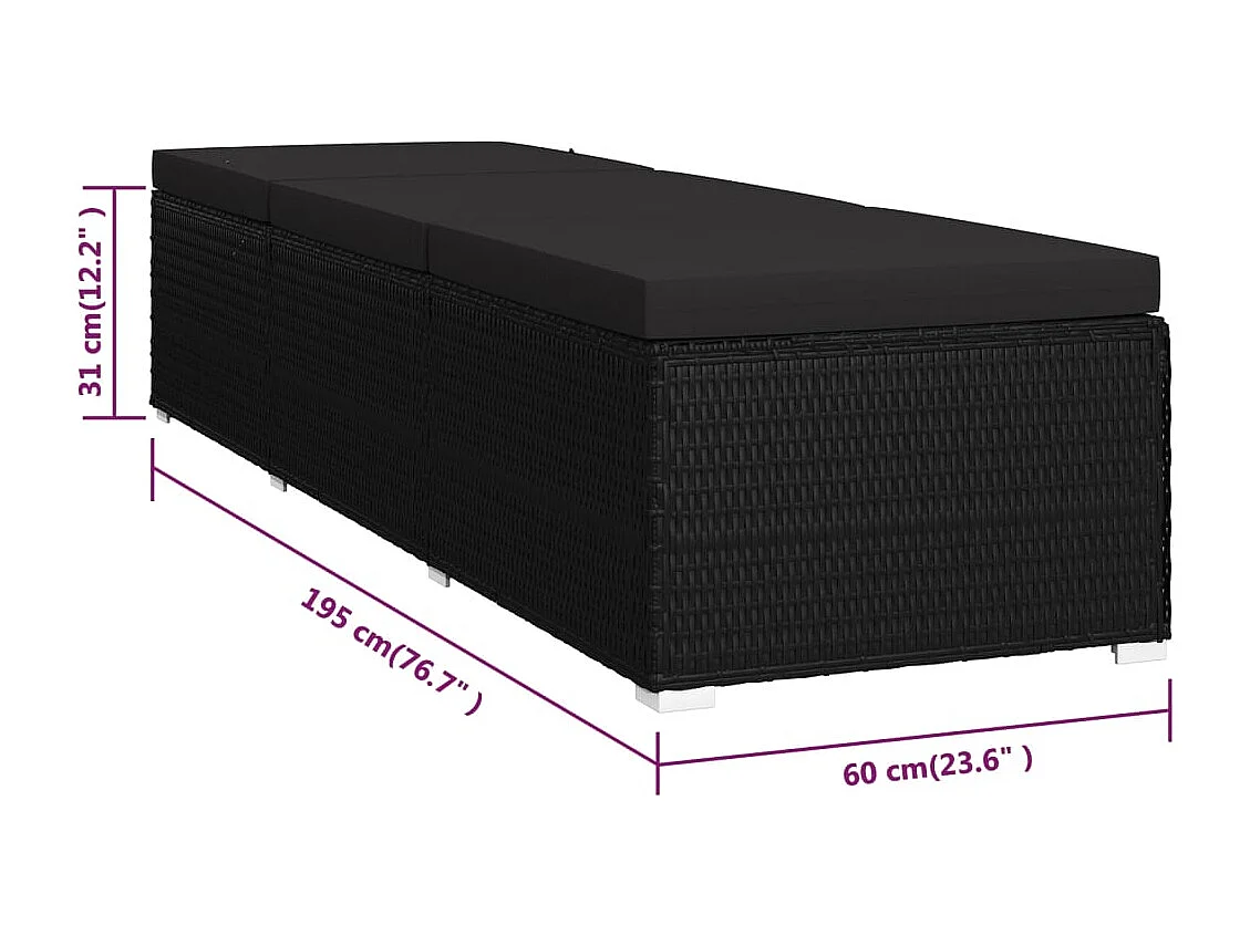 Chaise longue avec coussin Résine tressée Noir