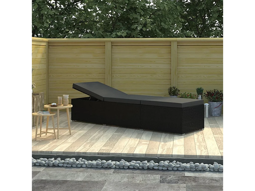 Chaise longue avec coussin Résine tressée Noir