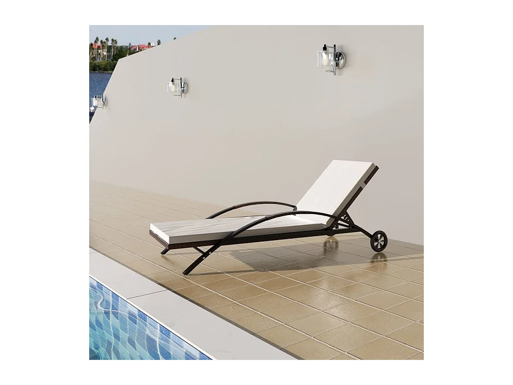 Chaise longue avec coussin et roues Résine tressée Marron