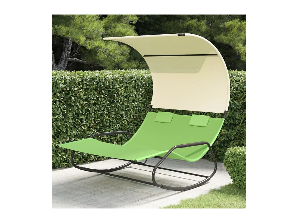 Chaise longue double à bascule avec auvent Vert et crème