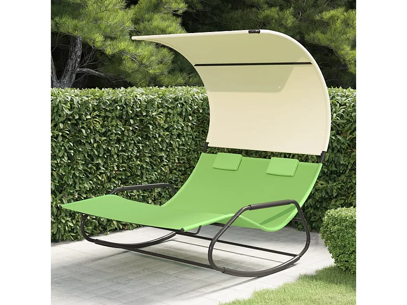 Chaise longue double à bascule avec auvent Vert et crème