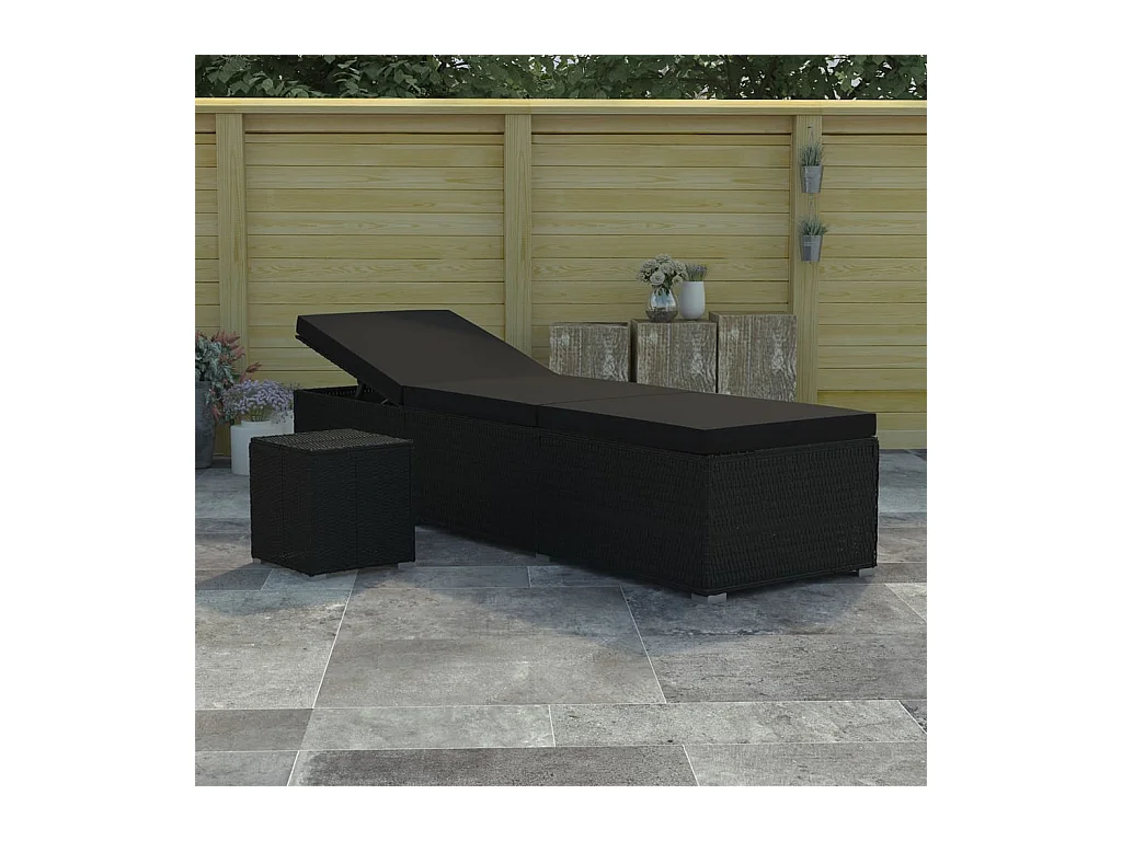 Sonnenliege mit Auflage und Teetisch Poly Rattan Schwarz