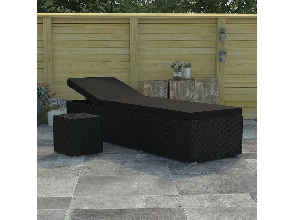 Sonnenliege mit Auflage und Teetisch Poly Rattan Schwarz