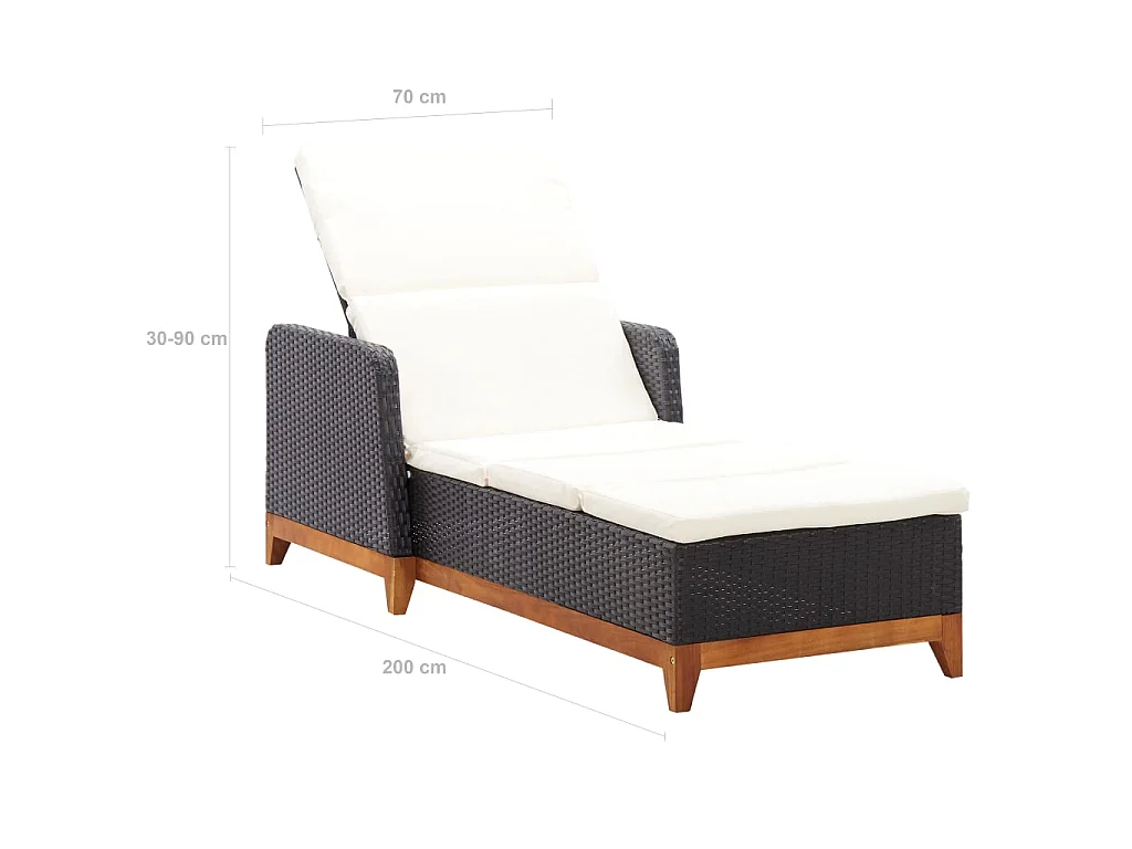 Lettino Prendisole Polyrattan e Legno Massello di Acacia Nero