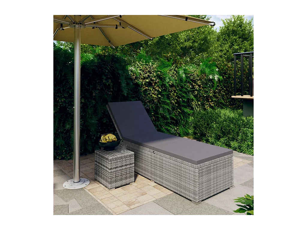 Chaise longue avec coussin et table à thé Résine tressée Gris