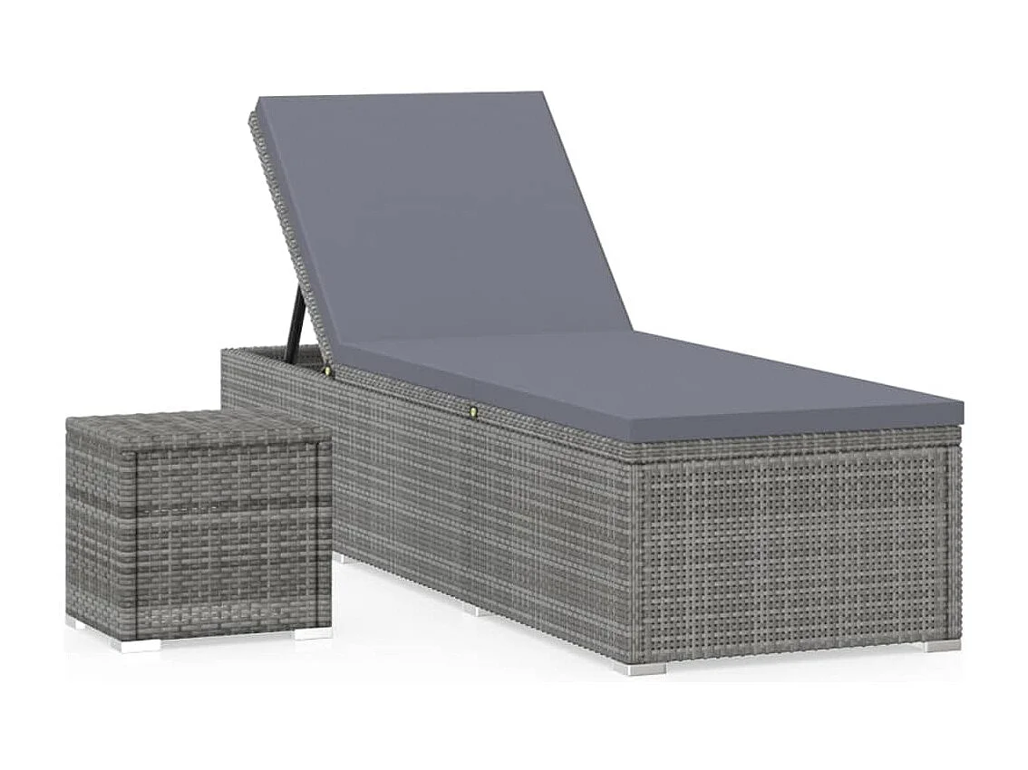 Chaise longue avec coussin et table à thé Résine tressée Gris