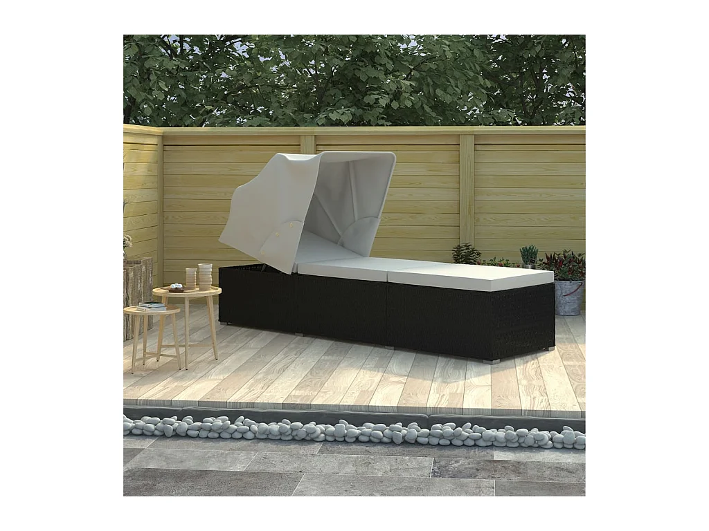Chaise longue avec auvent et coussin Résine tressée Blanc crème