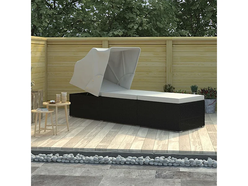 Lettino Prendisole Tettuccio e Cuscino Polyrattan Bianco Crema