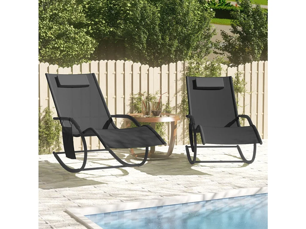 Chaises longues à bascule 2 pcs Noir Acier et textilène