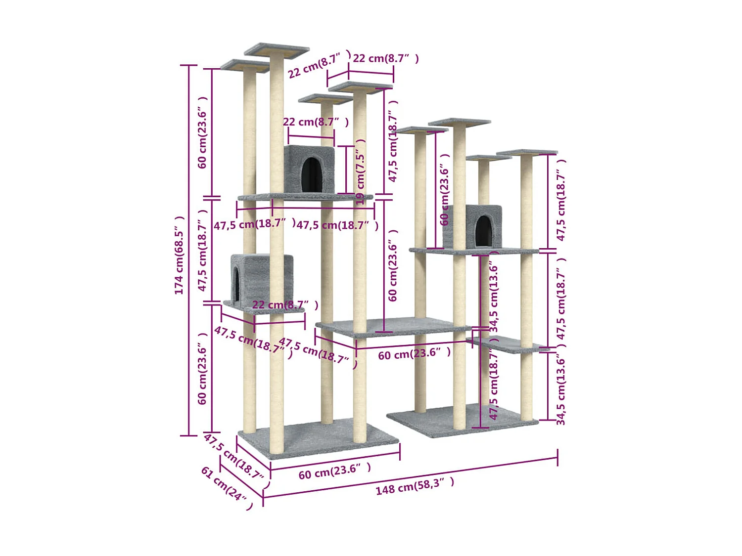 Kattenmeubel met sisal krabpalen 174 cm lichtgrijs