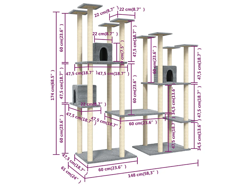 Arbre à chat avec griffoirs en sisal Gris clair 174 cm