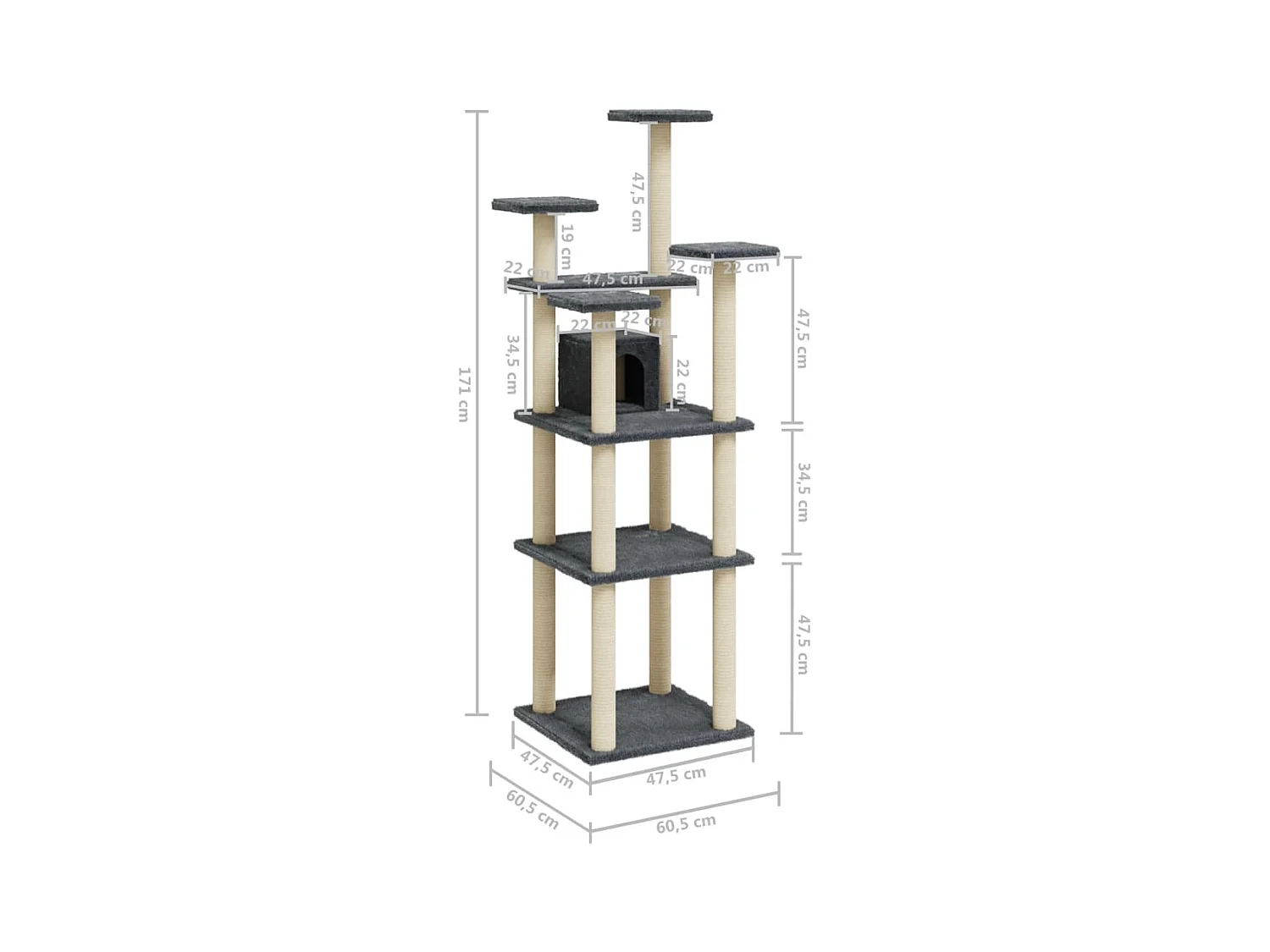 Árvore p/ gatos c/ postes arranhadores sisal 171cm cinza-escuro