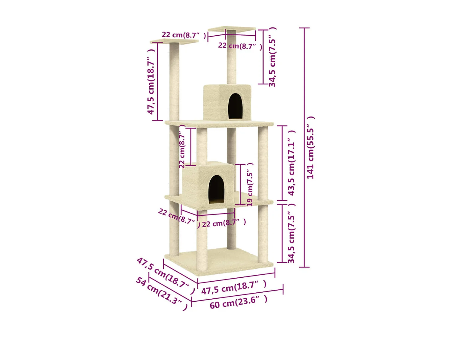 Rascador para gatos con postes de sisal color crema 141 cm