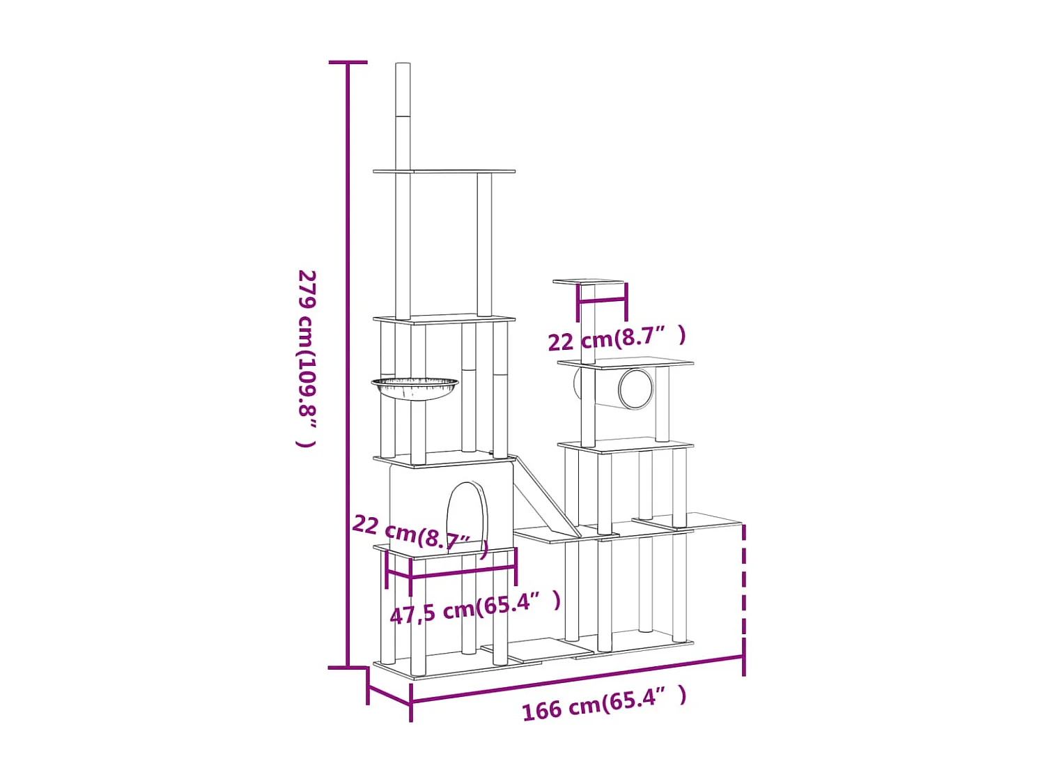 Árvore p/ gatos c/ postes arranhadores sisal 279 cm cinza-claro