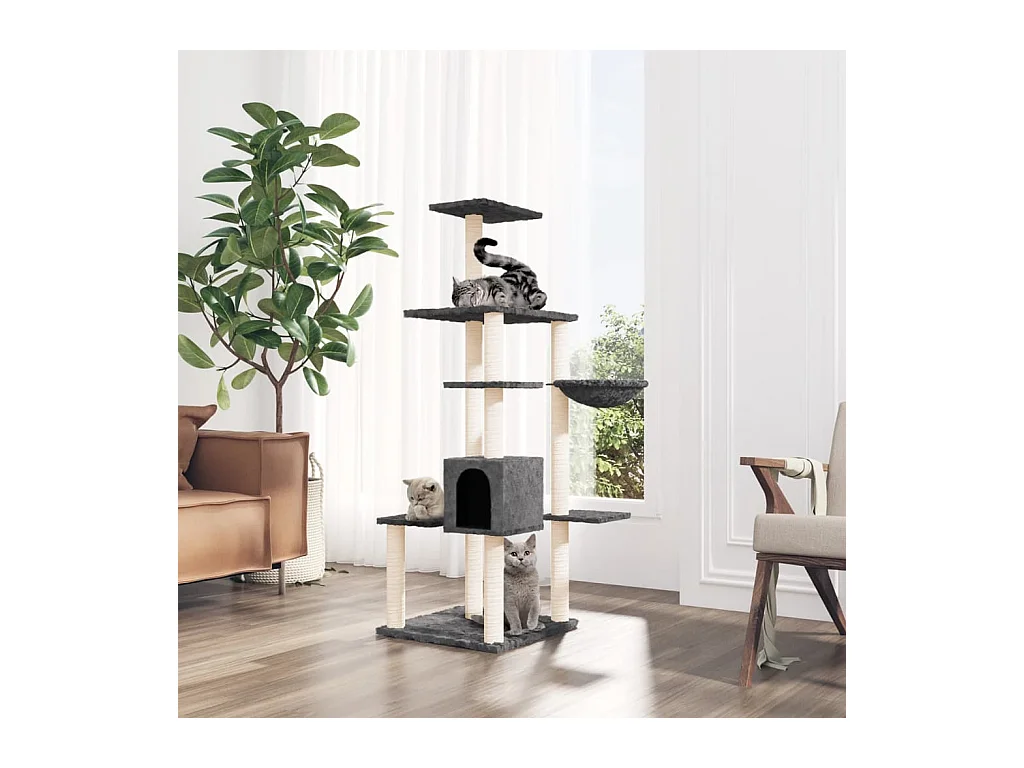 Árvore p/ gatos c/ postes arranhadores sisal 142cm cinza-escuro