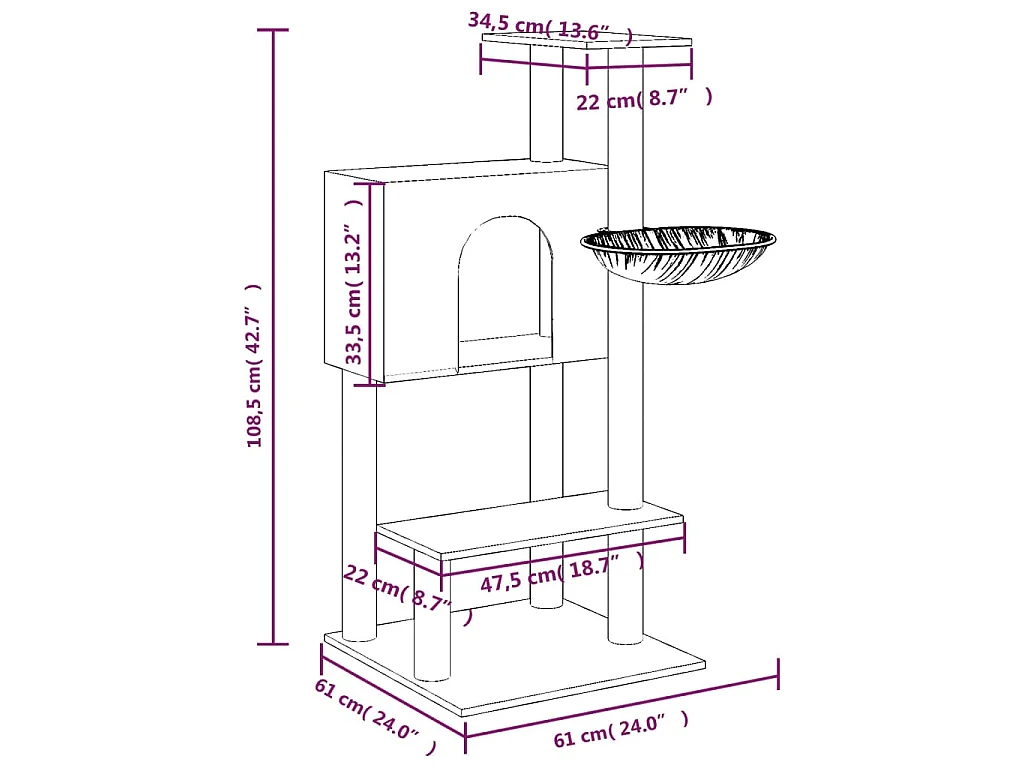 Kratzbaum mit Sisal-Kratzsäulen Creme 108,5 cm