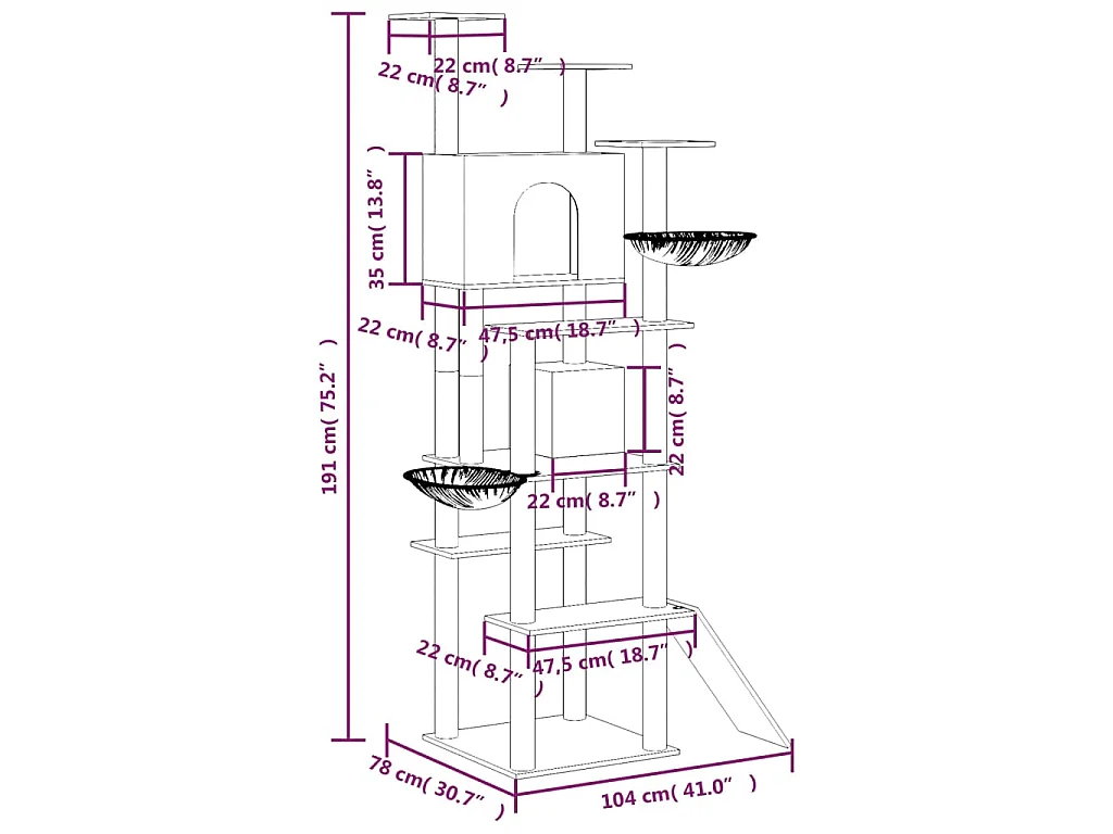Kratzbaum mit Sisal-Kratzsäulen Creme 191 cm