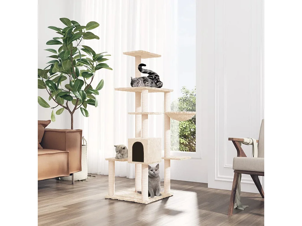 Rascador para gatos con postes de sisal color crema 142 cm