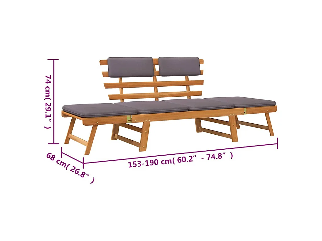 Ligbed met kussen 2-in-1 190 cm massief acaciahout