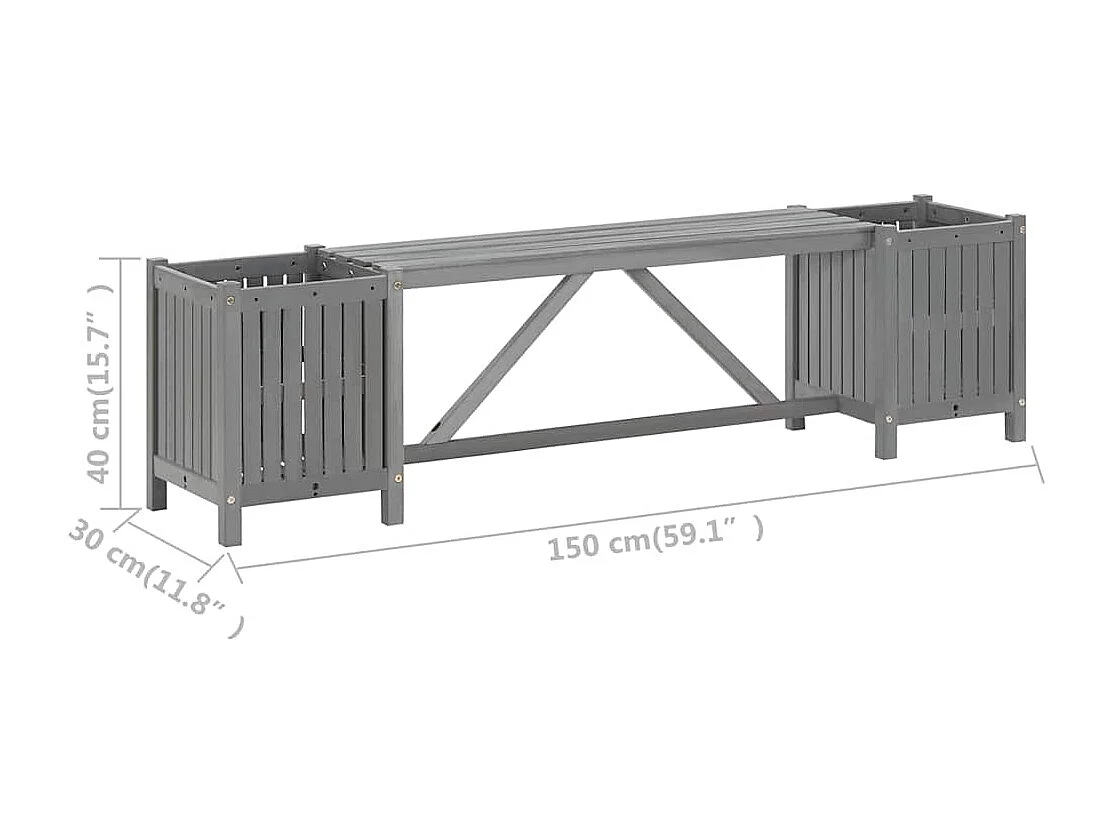 Banc de jardin avec 2 jardinières 150 cm bois d'acacia gris