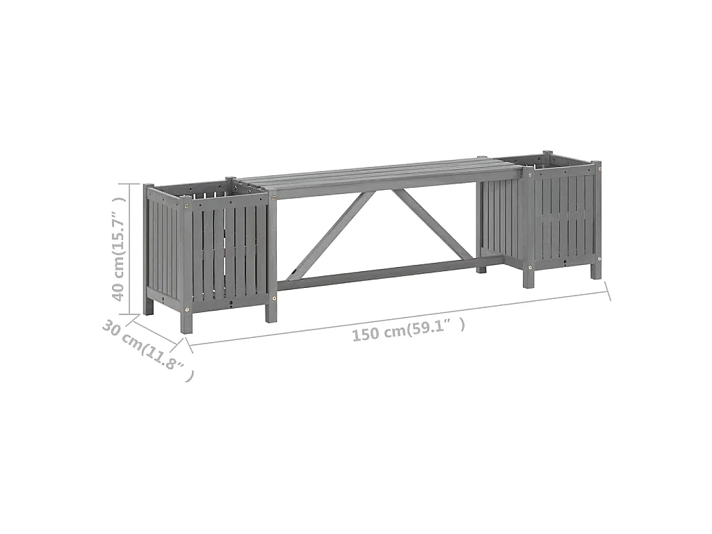 Banc de jardin avec 2 jardinières 150 cm bois d'acacia gris