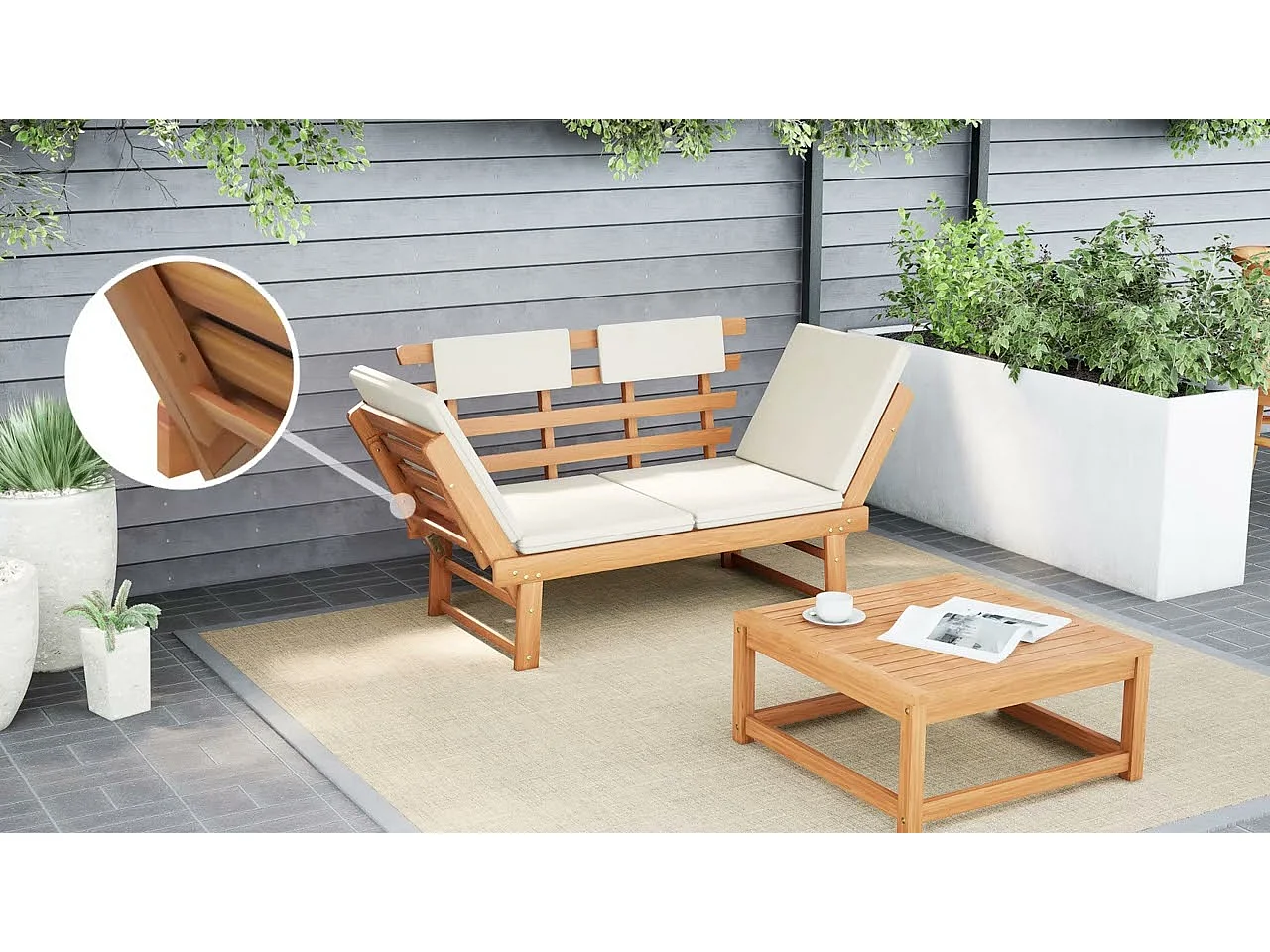 Banc de jardin avec coussins 2-en-1 190 cm Bois solide d'acacia