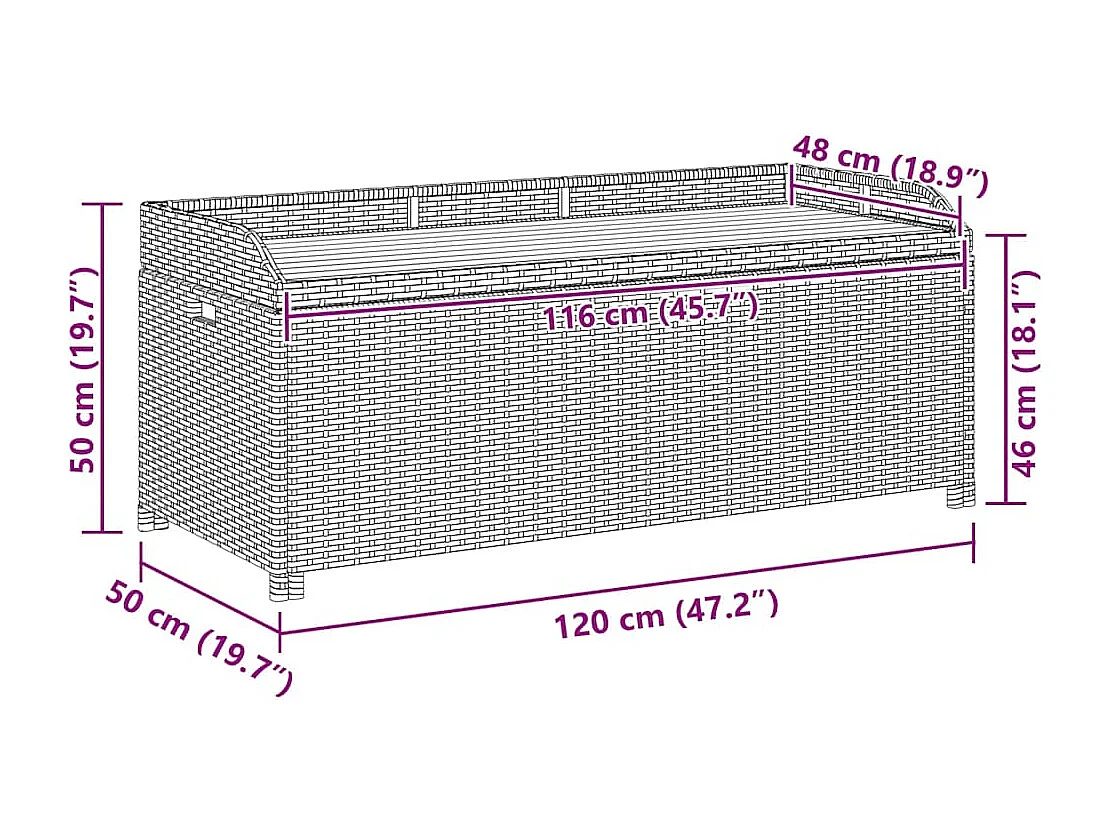 Banc de rangement de jardin 120 cm Résine tressée Gris