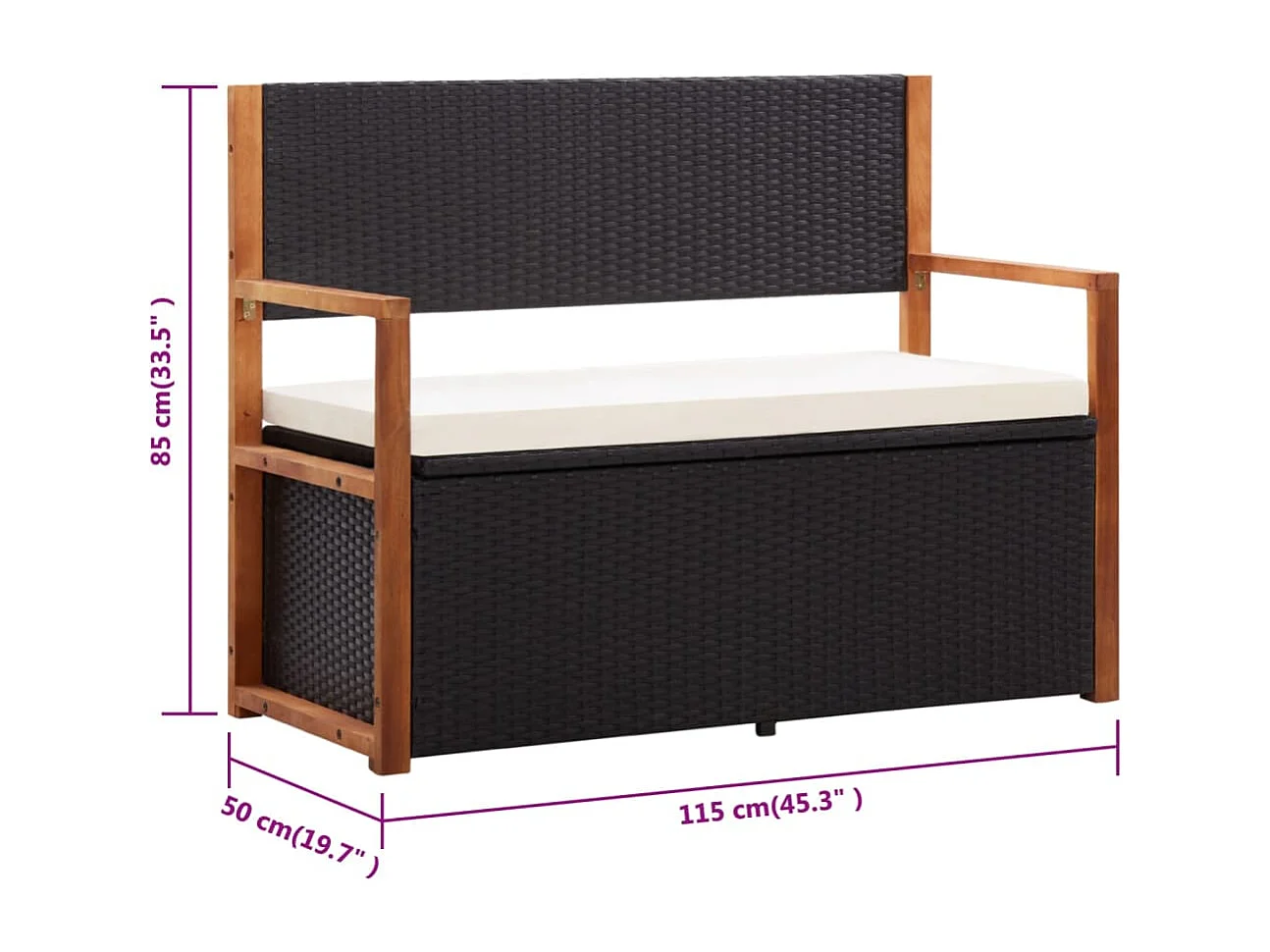 Banco de almacenaje ratán sintético madera acacia negro 115 cm