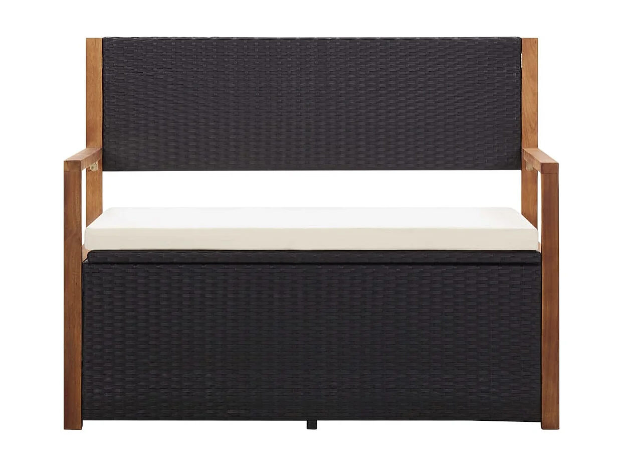 Bank mit Stauraum 115 cm Poly Rattan Massivholz Akazie Schwarz