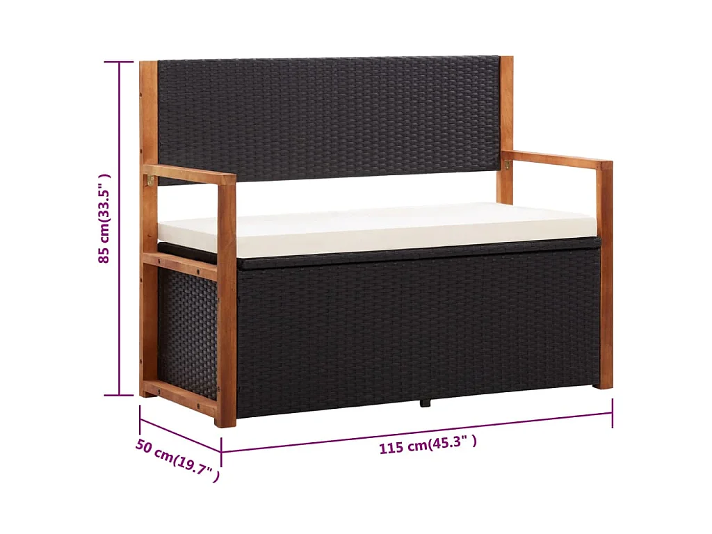 Cassapanca 115 cm in Polyrattan e Legno Massello di Acacia Nero