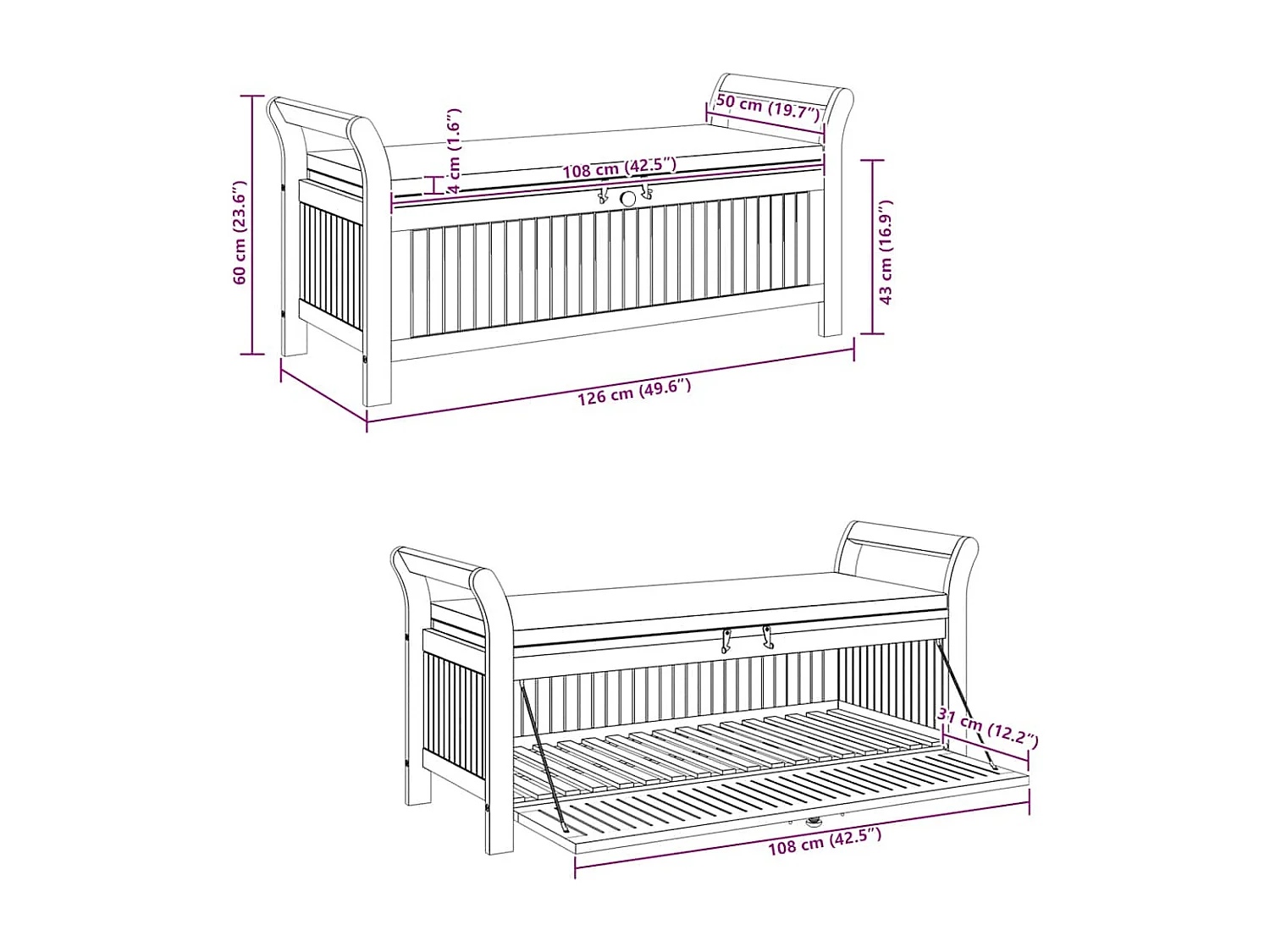 Banc de rangement de jardin avec coussin 126 cm Bois d'acacia