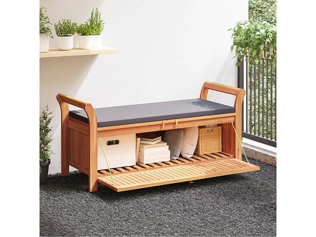 Banco almacenaje jardín con cojín madera maciza de acacia 126cm