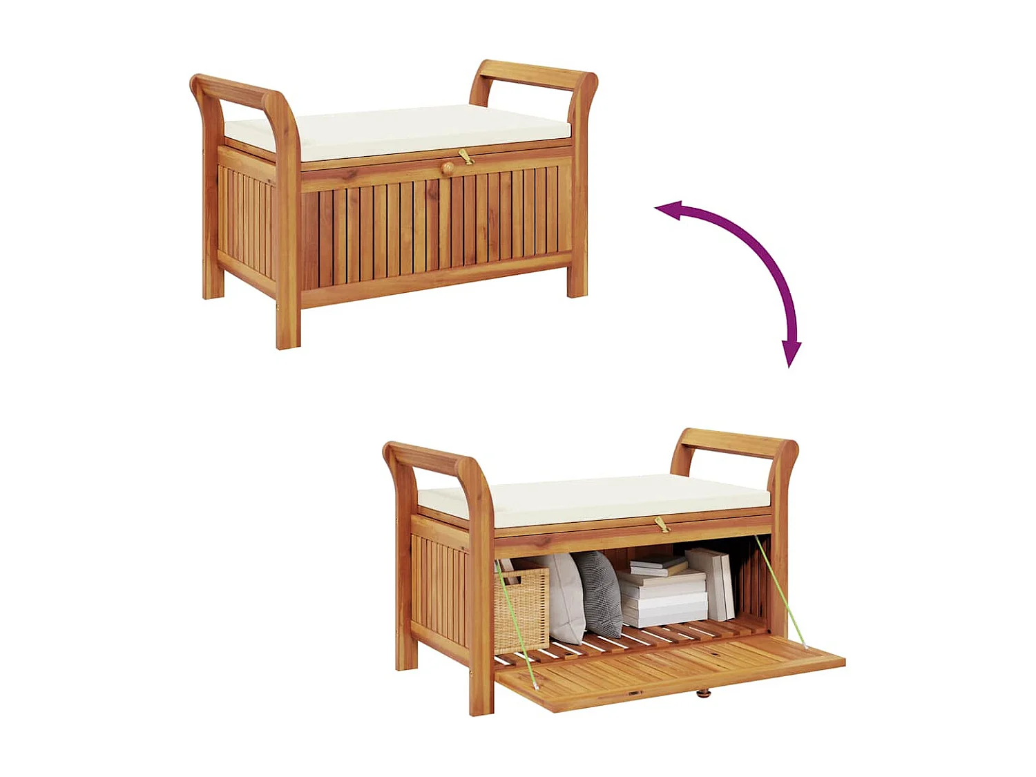 Banco almacenaje jardín con cojín madera maciza de acacia 91 cm