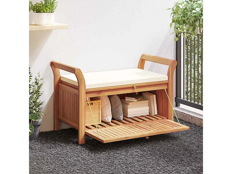 Banco almacenaje jardín con cojín madera maciza de acacia 91 cm