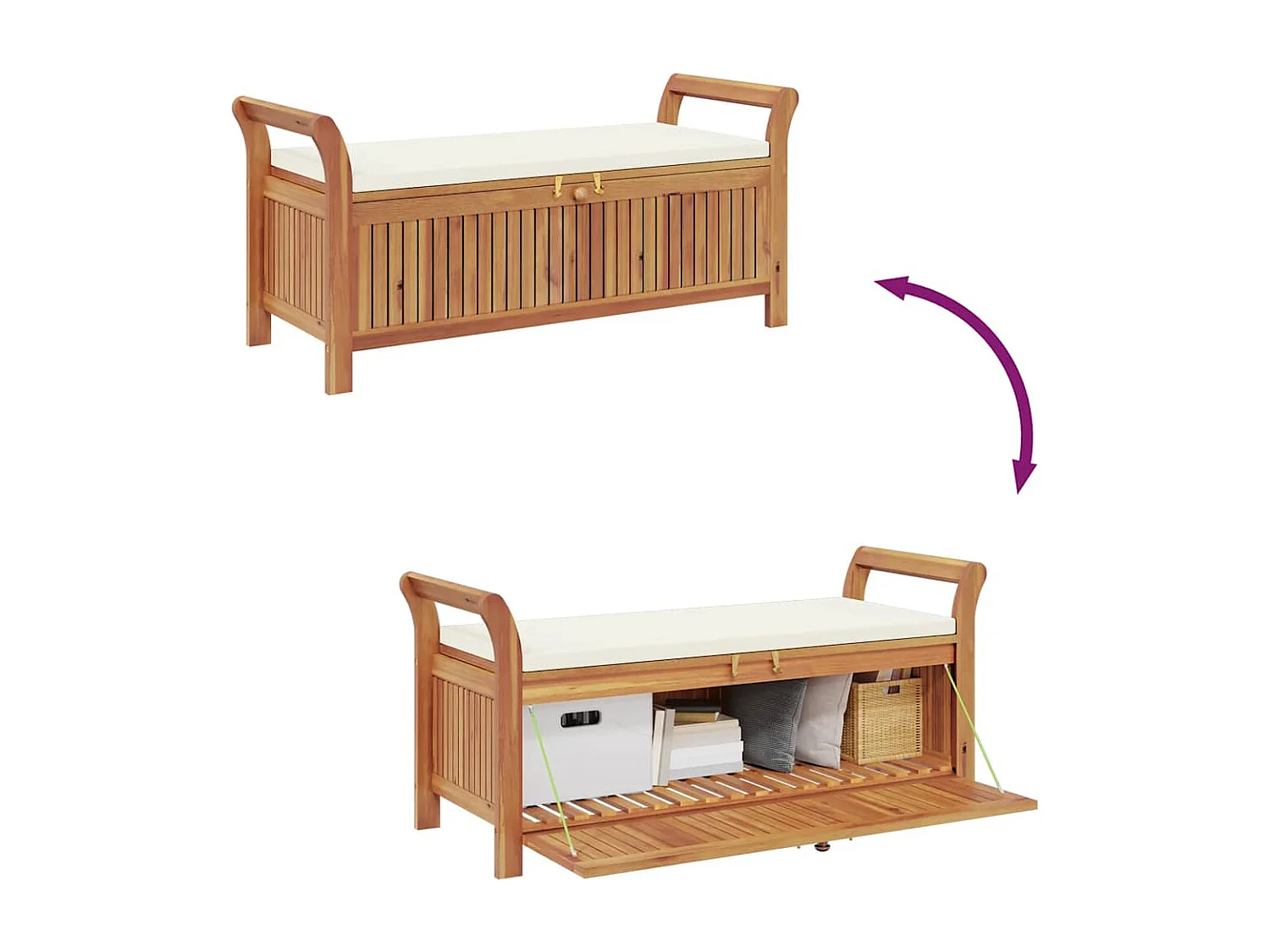 Banco de arrumação p/ jardim c/ almofadão 126 cm acácia maciça