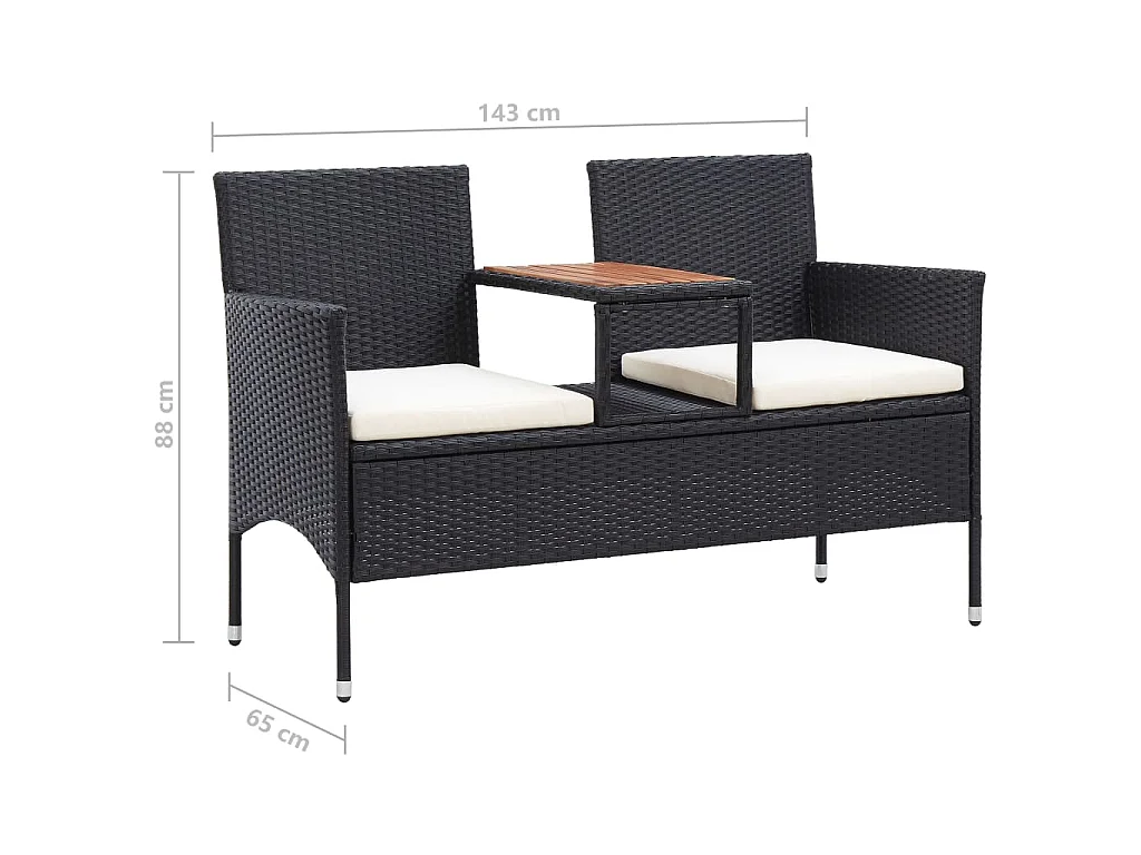 Banc de jardin 2places et table à thé 143cm Résine tressée Noir