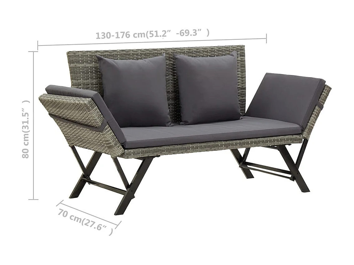 Banc de jardin avec coussins 176 cm Gris Résine tressée