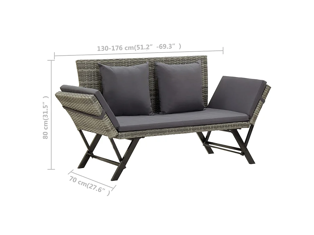 Banc de jardin avec coussins 176 cm Gris Résine tressée