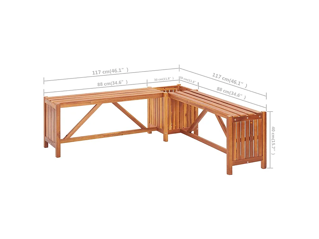 Banco canto c/ vaso jardim 117x117x40 cm madeira acácia maciça